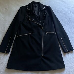 Zara Black Studded Asymmetric Zip Up Long Moto Trench